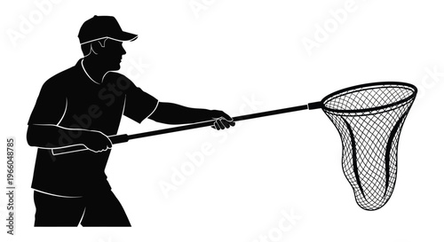 A solitary fisherman stands poised with a net ready to scoop a catch from the water silhouette high quality professional detailed