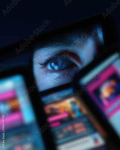 Human eye focused on digital screen with light reflection