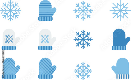 Blue and white snowflake patterns with winter accessories and geometric shapes