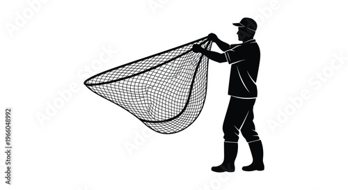A fisherman stands holding a large dip net poised for a catch depicted in a striking silhouette high quality professional detailed