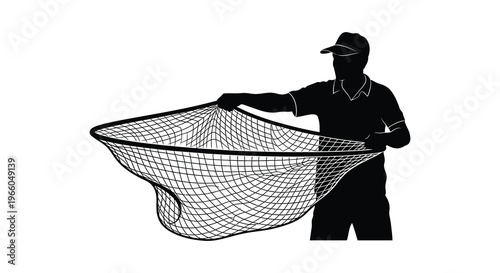 A fisherman holding a large landing net depicted in a stark black silhouette high quality professional detailed modern elegant stylish clean