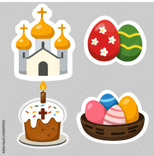 Illustration celebrates Orthodox Easter with traditional symbols. Тhe Russian text reads "Bright Easter, eps, set