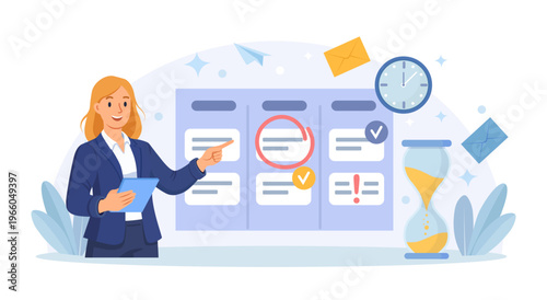 Office worker with calendar. Time management, organization efficiency. Reminder for workflow control. Characters planning work tasks for productivity, filling check list, making schedule