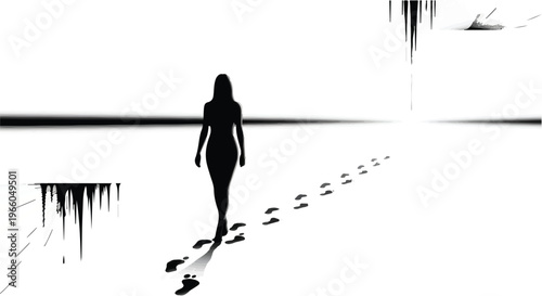 silhouette of woman walking alone on beach at sunset