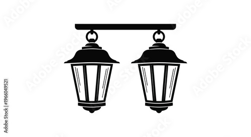 Two vintage hanging lanterns are depicted in a stark black and white design creating a dramatic silhouette high quality professional detailed