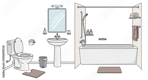 Bathroom Interior Sketch - Toilet, Sink, Shower, and Accessories.