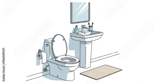 Bathroom Interior Sketch - Toilet, Sink, Mirror, and Rug.