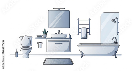 Bathroom Interior with Toilet, Sink, Mirror, Bathtub, and Accessories.