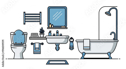Bathroom Interior Design with Toilet, Sink, Bathtub, and Accessories.