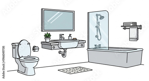 Bathroom Interior Illustration - Toilet, Sink, Bathtub, and Mirror.