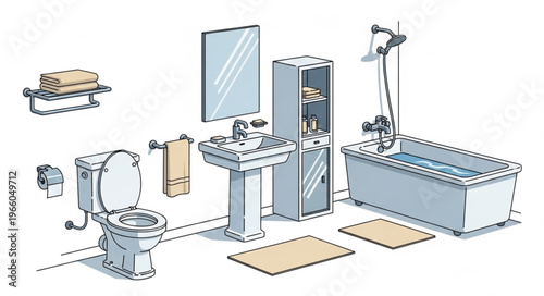 Bathroom Fixtures Illustration - Toilet, Sink, Bathtub, and Accessories.