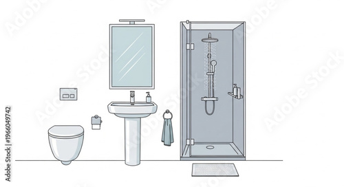 Bathroom Interior Sketch - Toilet, Sink, Mirror, and Shower Stall.