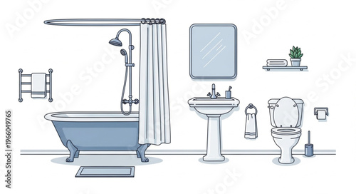 Bathroom Interior Illustration with Bathtub, Sink, and Toilet.