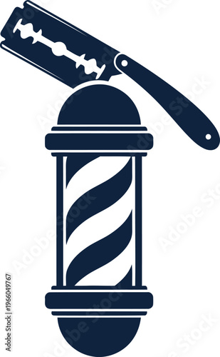 A minimalist graphic icon featuring a traditional barber pole combined with a straight razor blade Vector