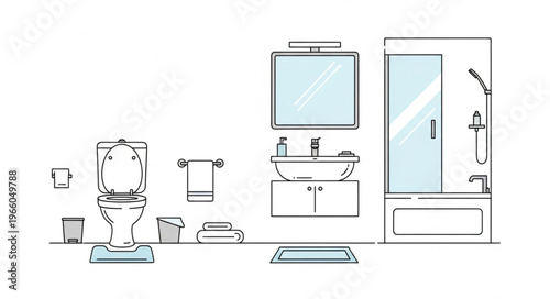 Bathroom Interior Sketch - Toilet, Sink, Shower, and Mirror.