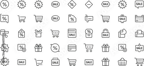 Sale icons, discount symbols, shopping cart graphics, promotional signs, 40 line icons