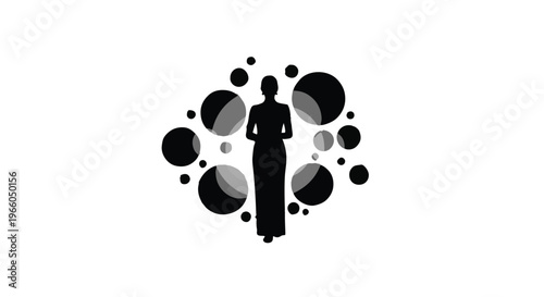 silhouette of woman in business attire surrounded by abstract circles