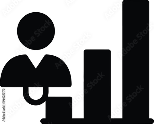 Person standing next to two vertical bars of varying heights isolated on white background, Vector