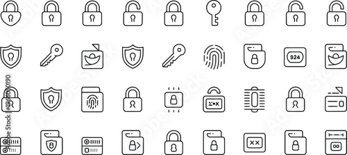 Security icons, lock symbols, protection signs, safety logos, 30 vector graphics