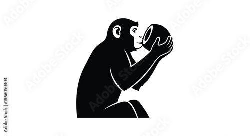 A dark silhouette of a monkey cradling a spherical object in its hands evoking a sense of tenderness and care silhouette