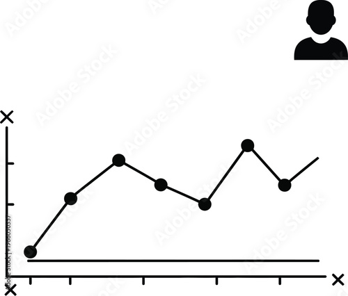 Graphical representation of fluctuating data points with a silhouette figure isolated on white background, Vector