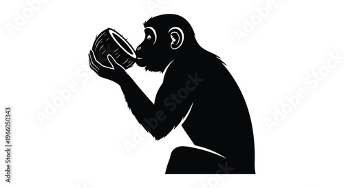 A monkey curiously drinks from a halved coconut shell presented in a striking black silhouette high quality professional detailed modern elegant