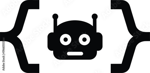 Cute robot character enclosed by curly braces resembling code brackets isolated on white background, Vector