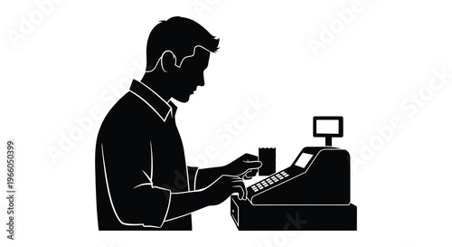 A black silhouette depicts a man operating a cash register at a store counter illustrating a retail transaction silhouette high quality