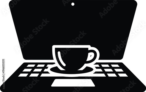 A laptop with a cup of coffee resting on its keyboard isolated on white background, Vector