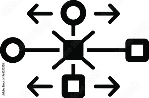 Central node diagram with directional arrows and connected shapes in a star pattern isolated on white background, Vector