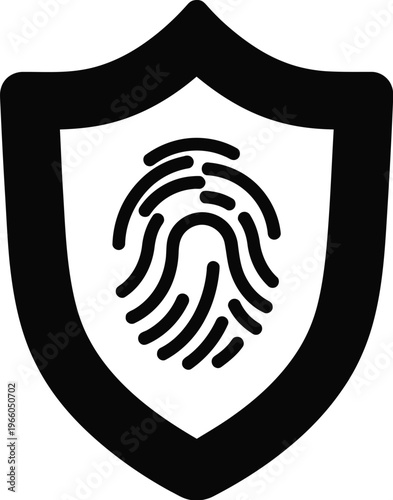 Fingerprint symbol within a shield emblem representing security and authentication isolated on white background, Vector