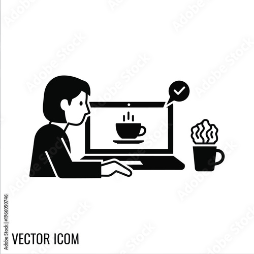Person working at a desk with a cup of coffee and a computer notification isolated on white background, Vector