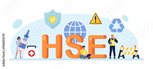 HSE strategy. Health, Safety and Environment. Company labor force work protection and risk awareness. Preventing injuries, illnesses and harmful environmental releases. Vector flat illustration