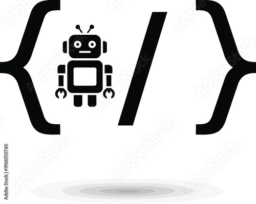 A whimsical robot character positioned between two large curly braces isolated on white background, Vector