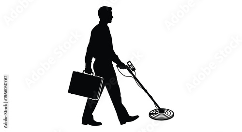 A man walks with a metal detector and briefcase depicted in a stark black silhouette high quality professional detailed modern elegant