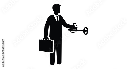 A businessman formally dressed utilizes a metal detector carrying a briefcase presented as a striking silhouette high quality professional detailed modern