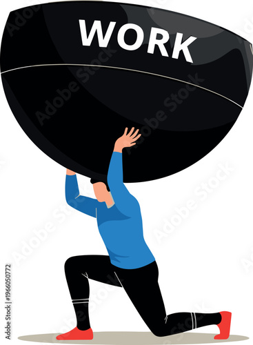 Work stress concept vector illustration with businessman carrying heavy burden symbolizing pressure overload and corporate mental strain design