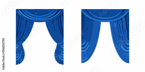 Two stylized blue curtains with draped fabric and tied back details