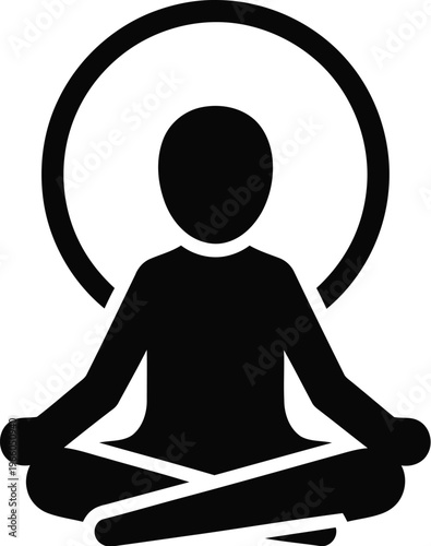 A person meditating in a cross-legged position with a glowing aura around the head isolated on white background, Vector