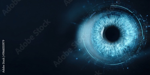 Blue digital human eye representing biometric scanner and vision technology. Futuristic concept of artificial intelligence, cyber security, data science and advanced optical scanning system.
