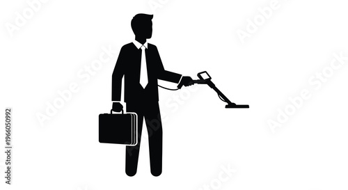 A sharply dressed businessman uses a metal detector carrying a briefcase in a distinct black silhouette high quality professional detailed modern
