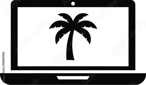 A laptop screen displaying a stylized silhouette of a palm tree isolated on white background, Vector