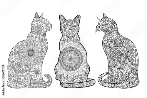 Mandala Cat Line Art Set – Intricate Zentangle Cats Coloring Page Vector Illustration. Ai generated