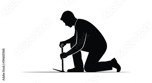 A kneeling man inspects the ground with a probe displaying a stark black silhouette high quality professional detailed modern elegant stylish