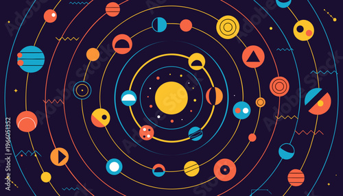 Vibrant illustration of planets and celestial bodies orbiting the sun in a colorful, stylized solar system