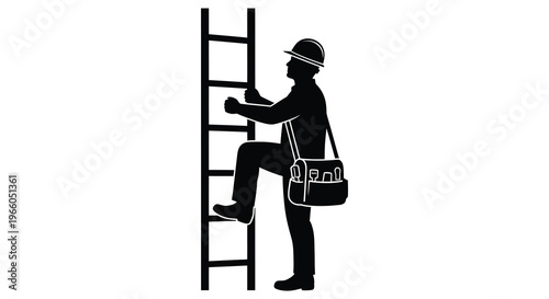 A worker climbs a ladder carrying a tool bag depicted in a striking black silhouette high quality professional detailed modern elegant