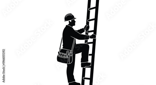 A construction worker ascends a ladder carrying a tool bag depicted in a striking black silhouette high quality professional detailed modern