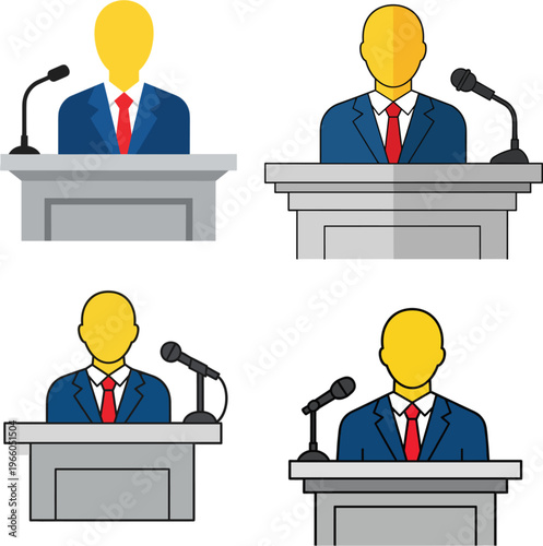 Professional businessman public speaker avatar vector icons set with podium and microphone for conference presentation and political debate
