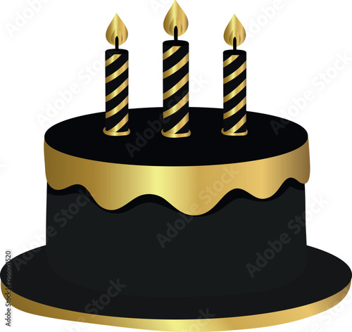 WePremium vector illustration of a black and gold birthday cake with elegant dripping icing and three candles. Perfect for luxury celebration designs, invitations, and festive branding visuals.