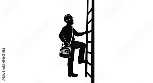 A construction worker ascends a ladder carrying a tool bag depicted in a striking black silhouette high quality professional detailed modern